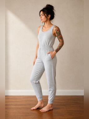 Danskin Women’s Grey Sleeveless Jumpsuit Drawstring Waist Sz M Pockets